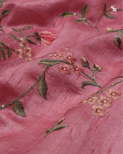 Lotus Pink Tussar Raw Silk Fabric with Floral Creeper Embroidery Design