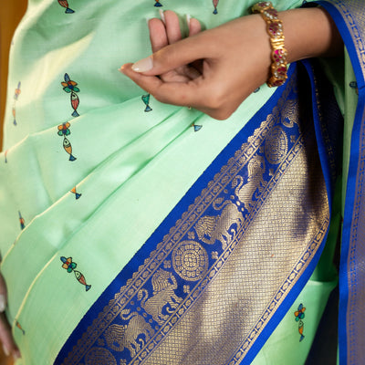 Pista Green Madhubani Kanchi Silk Saree