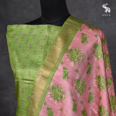 Green Tussar Silk Salwar with Green Floral Print Dupatta