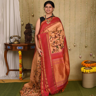 Sandal Pen Kalamkari Kanchi Silk Saree with Creeper Design