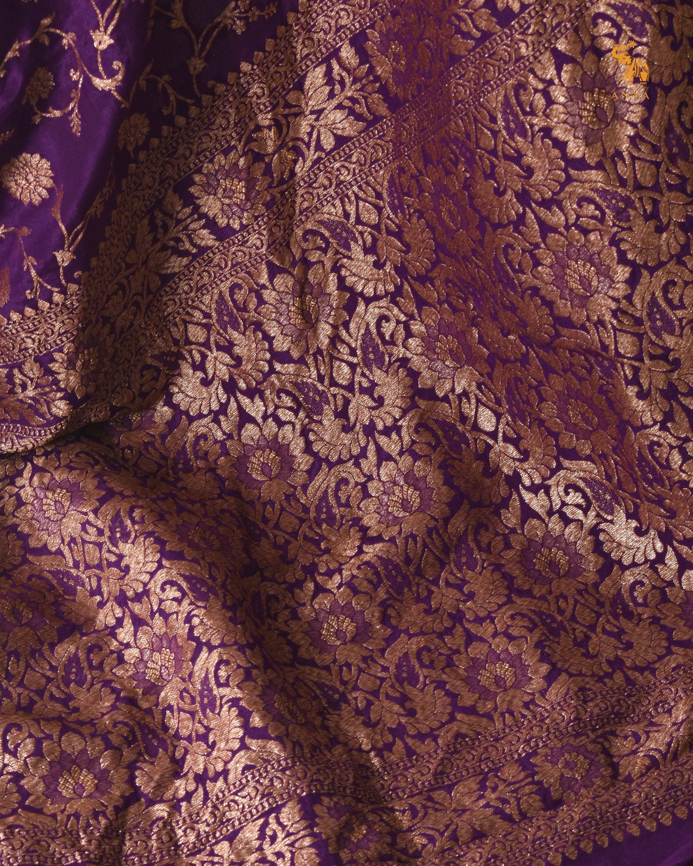 Dark Violet Crepe Banarasi Silk Saree with Floral Creeper Design