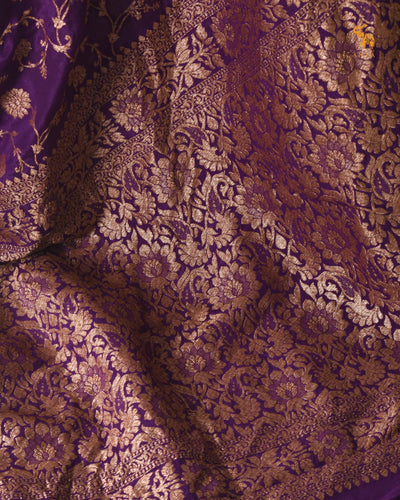 Dark Violet Crepe Banarasi Silk Saree with Floral Creeper Design