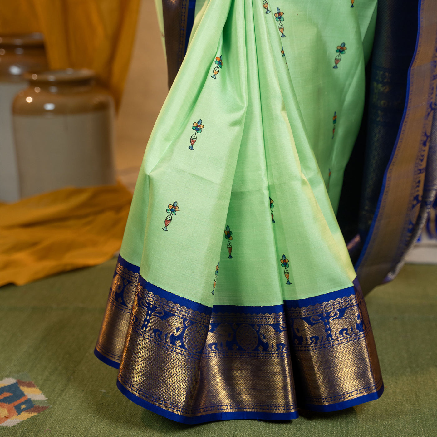 Pista Green Madhubani Kanchi Silk Saree