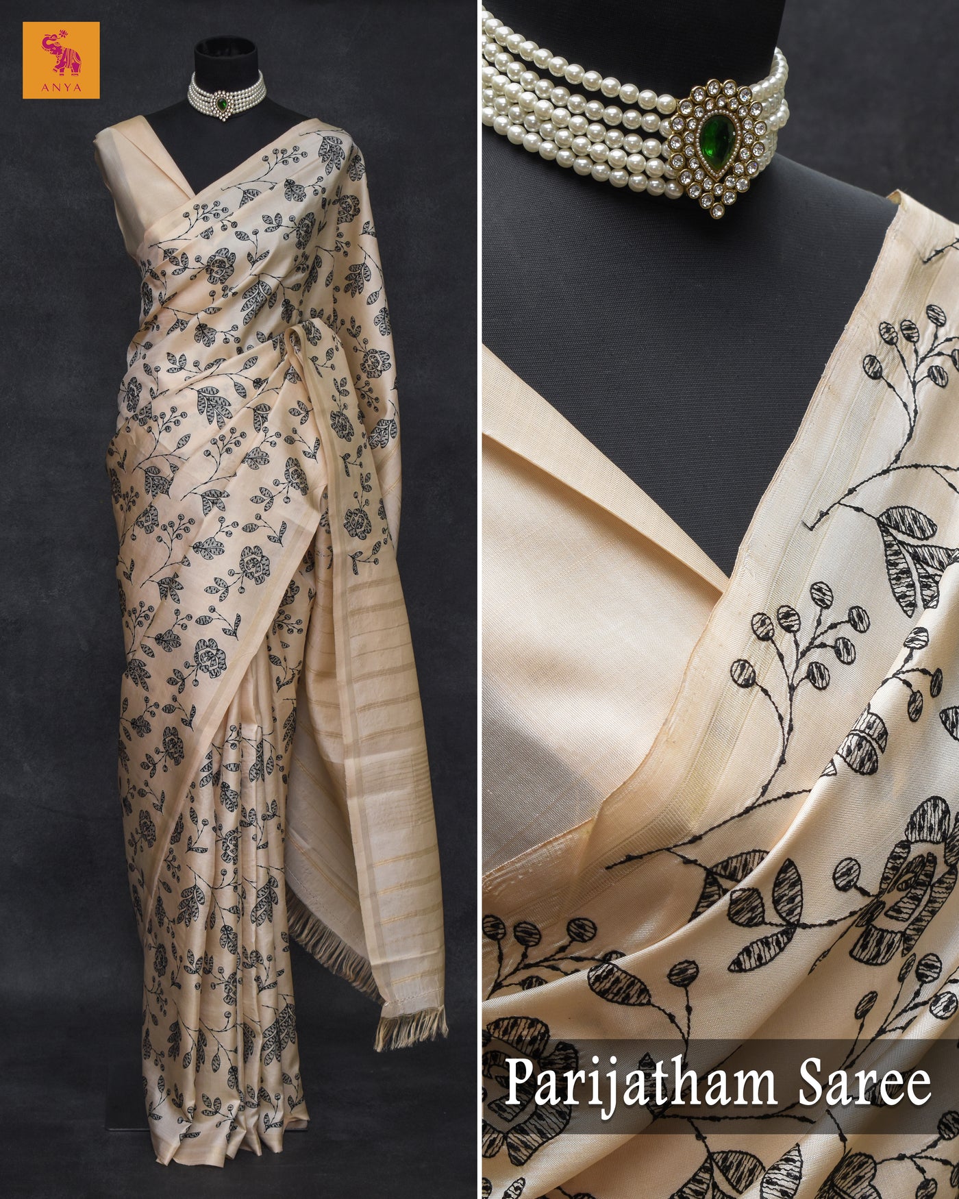 Off White Sequins Embroidery Silk Saree