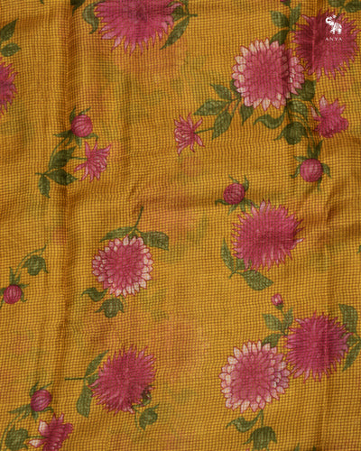 Mustard Tusar Silk Fabric with Floral Print and Zari Checks Design