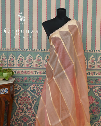 Onion Pink Organza Saree with Horizontal Stripes Design