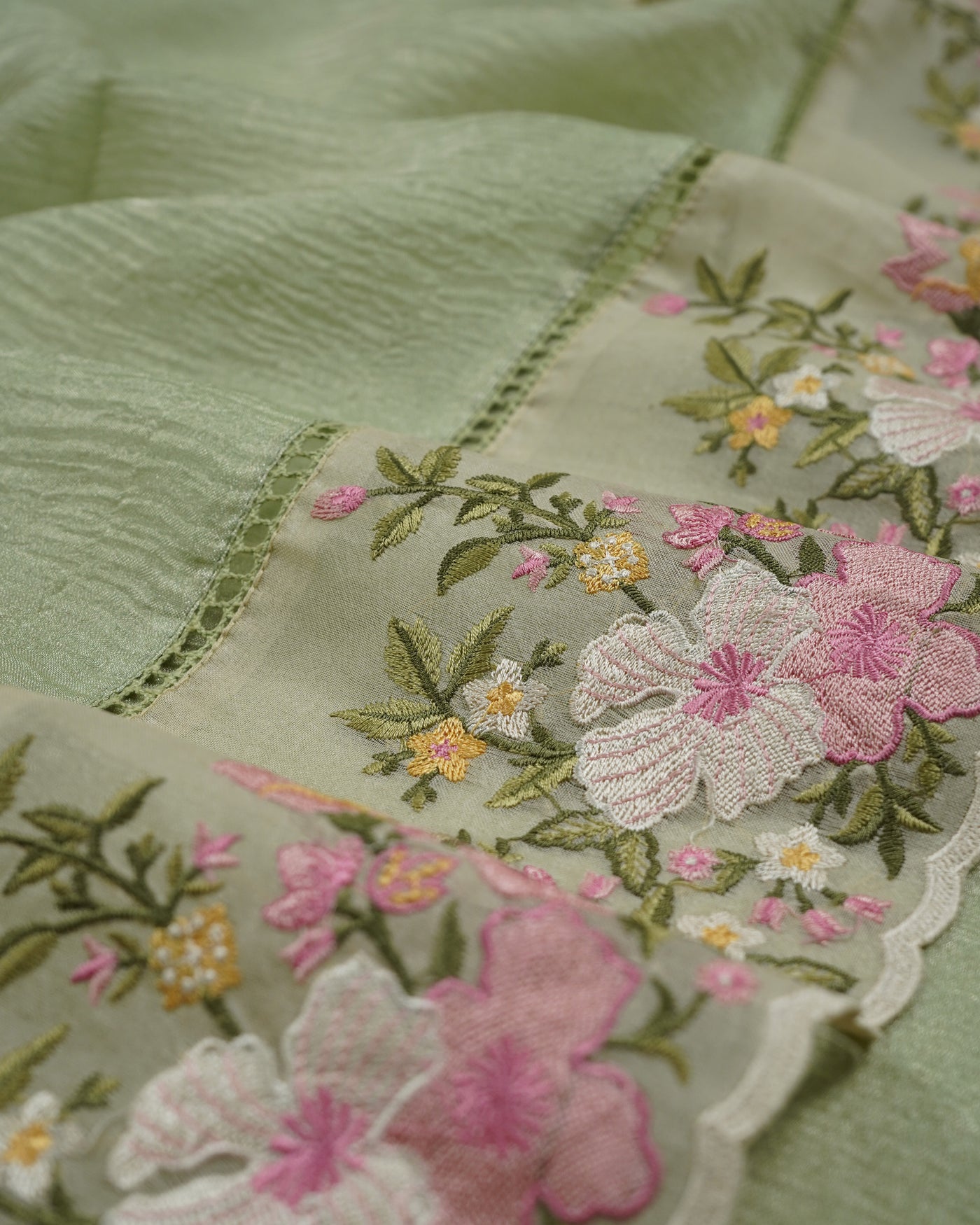 Apple Green Crush Tissue Saree with Floral Embroidery Border