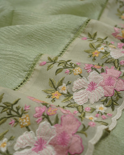 Apple Green Crush Tissue Saree with Floral Embroidery Border