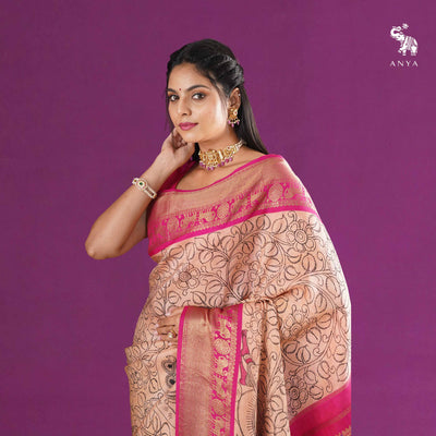 Peach Pen Kalamkari Kanchi Silk Saree with Floral Creeper and Dancing Doll Design