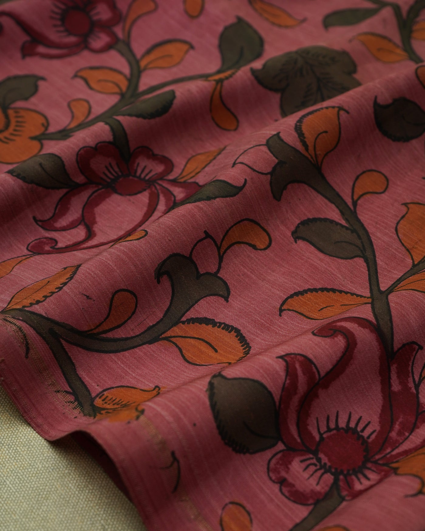 Onion Pink Pen Kalamkari Kanchi Silk Fabric with Floral Design