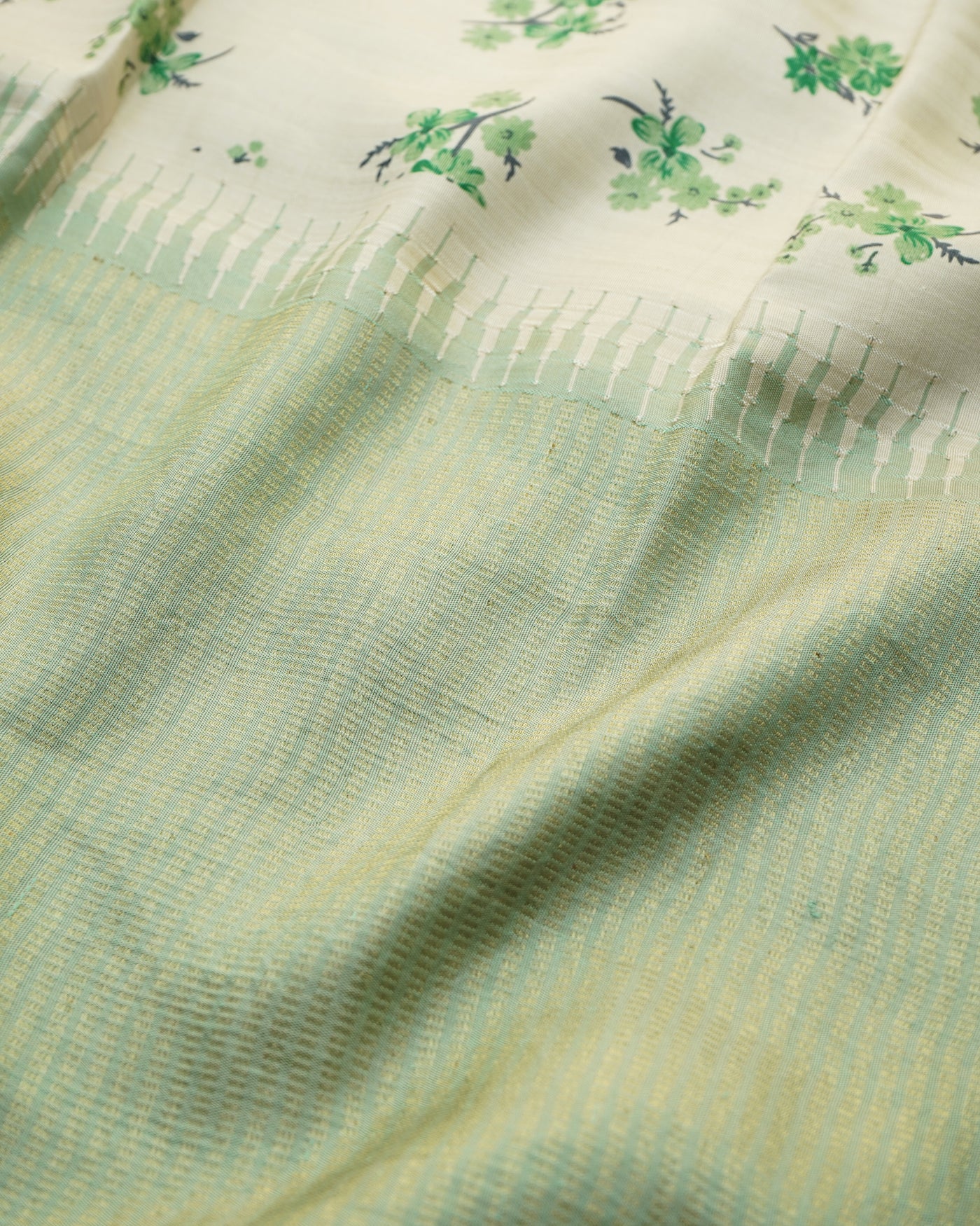 Off White with Green Printed Kanchi Silk Saree with Small Floral Print Design