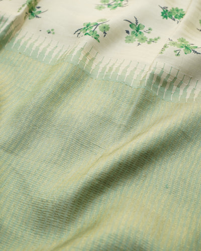 Off White with Green Printed Kanchi Silk Saree with Small Floral Print Design