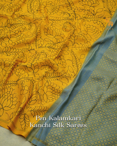 Mustard Pen Kalamkari Kanchi Silk Saree