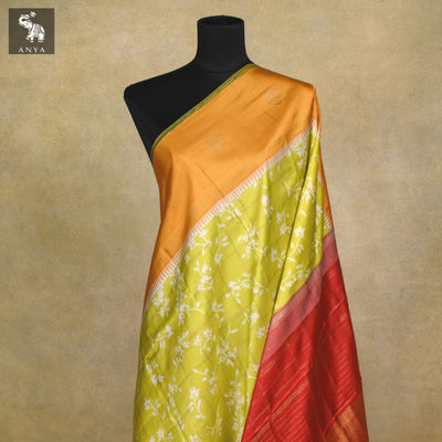 Fluorescent Green Printed Kanchi Silk Saree with Floral Print and Zari Kattam Design