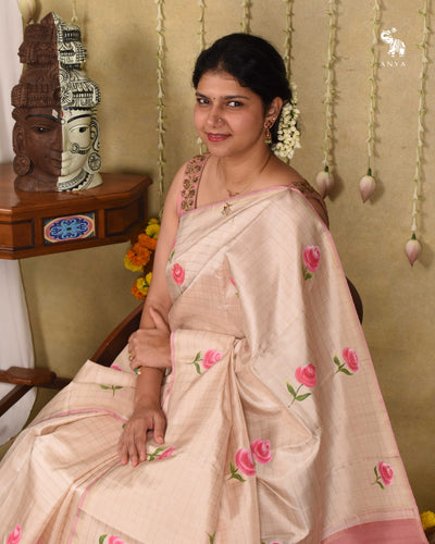 Off White Hand Painted Kanchi Silk Saree