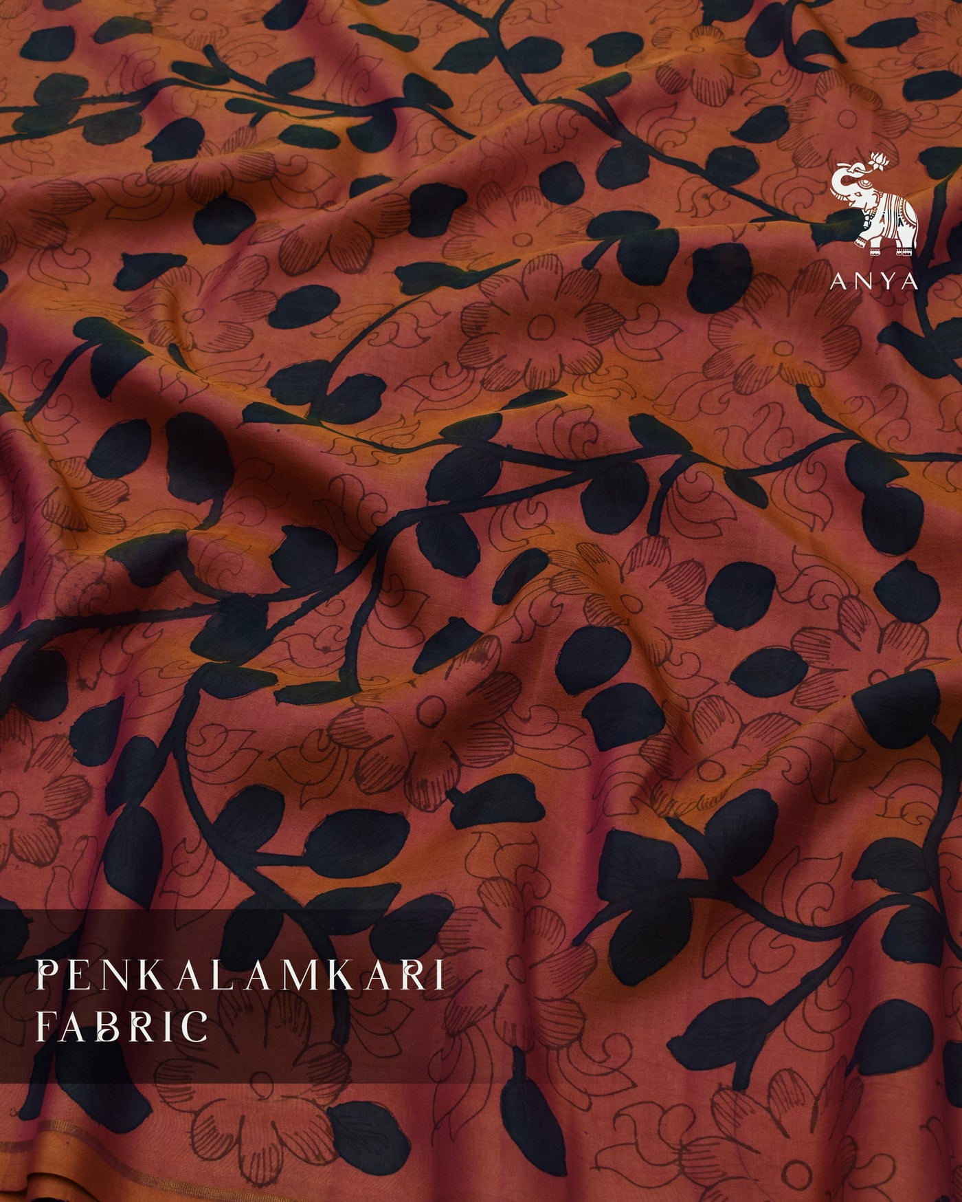 Rust Dual Tone Pen Kalamkari Kanchi Silk Fabric