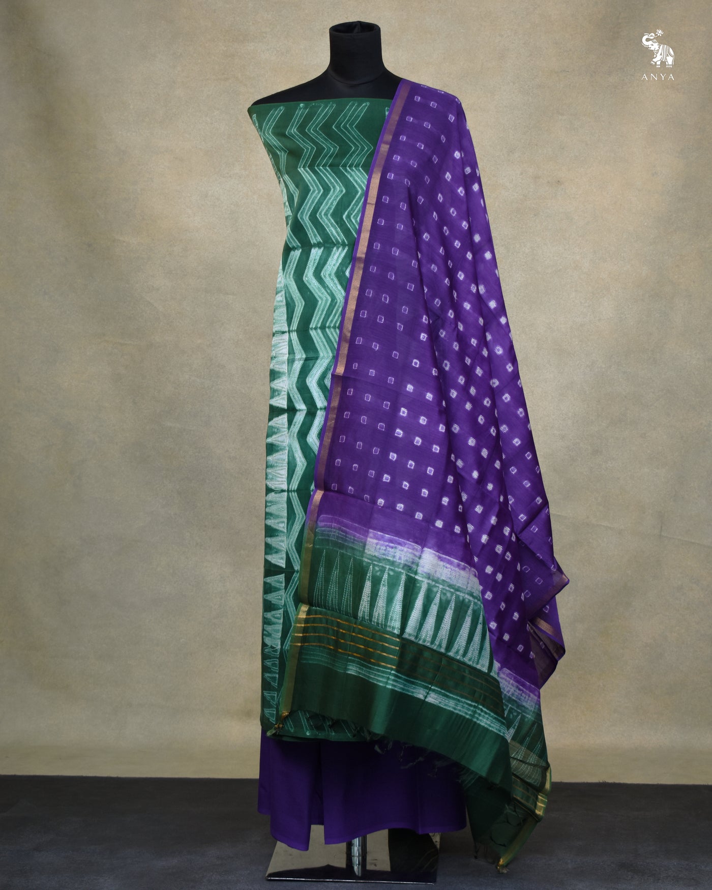 Bottle Green Unstitched Chanderi Salwar Set
