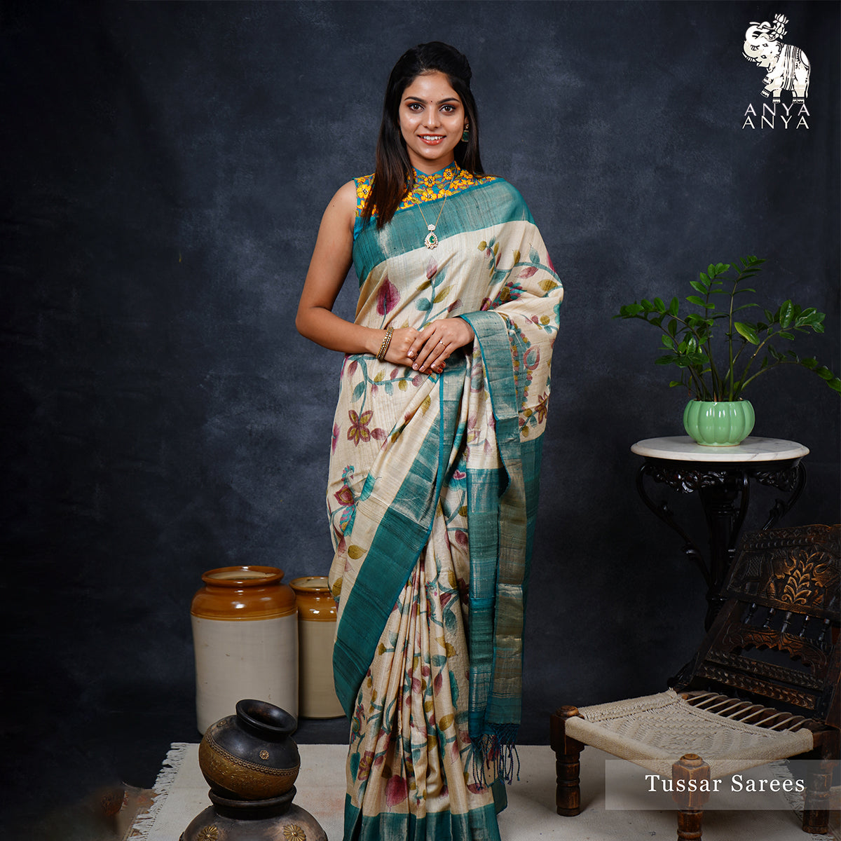 Off White Tussar Silk Saree with Kalamkari Print Design
