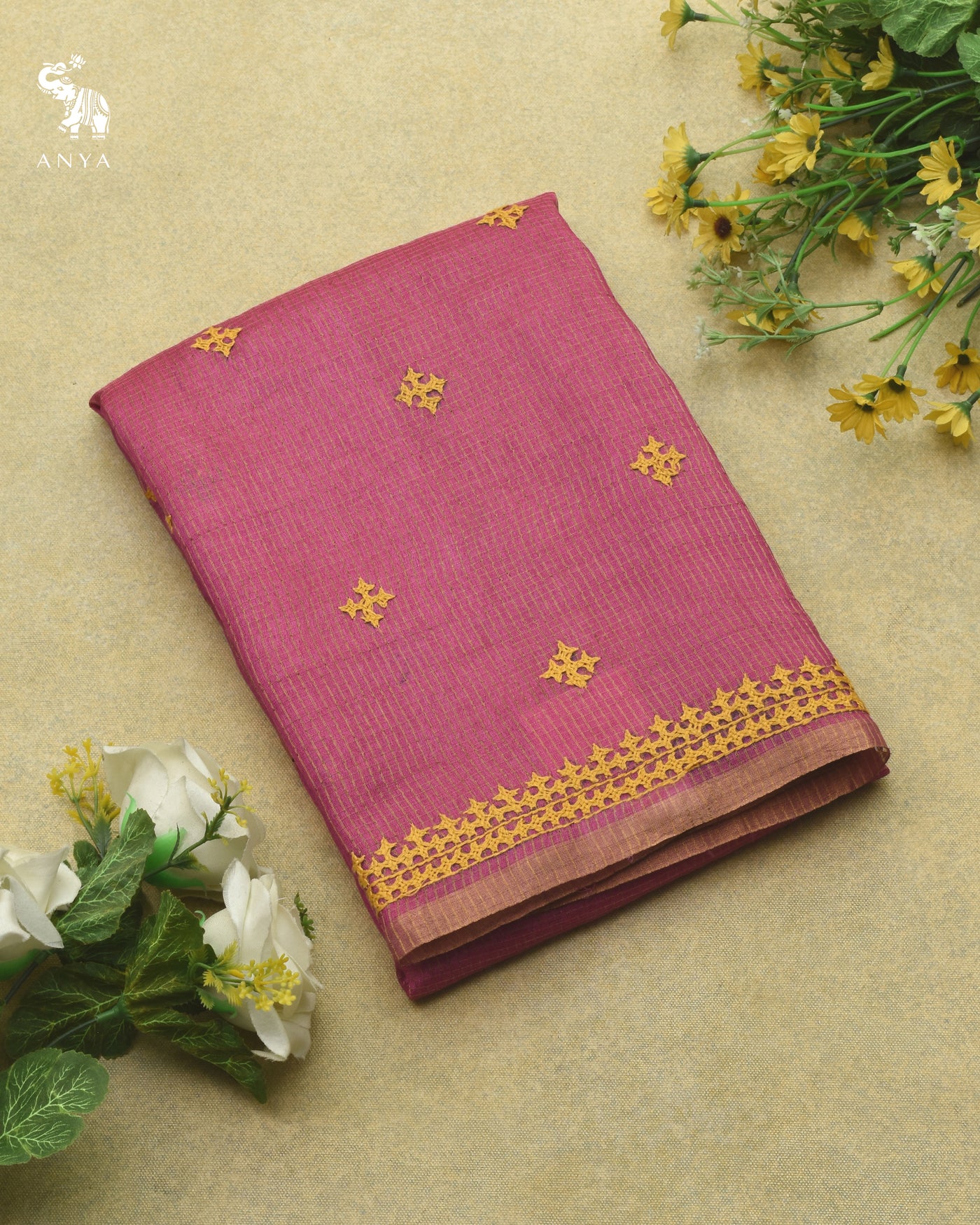 Magenta Pink Tussar Silk Saree with Kutch Work Design