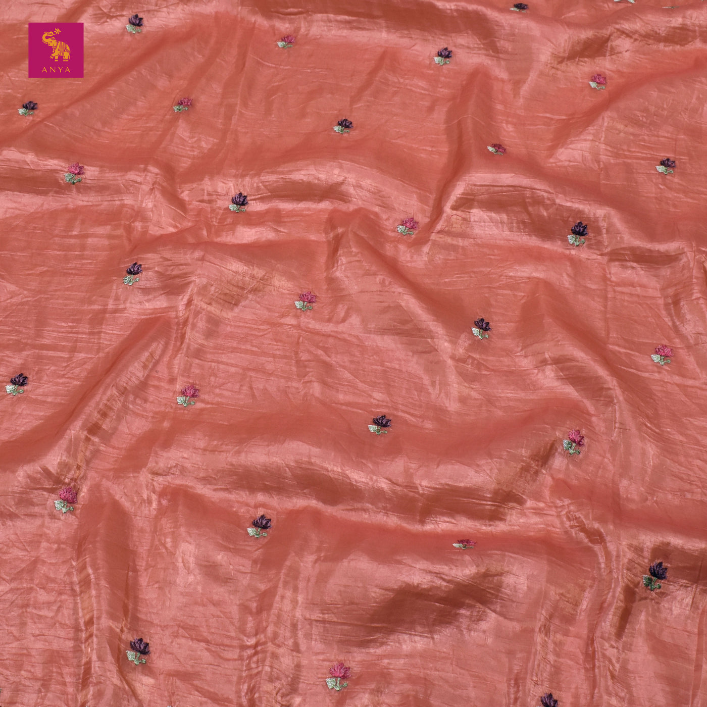 Rust Fancy Tissue Saree with Small Flower Embroidery Design