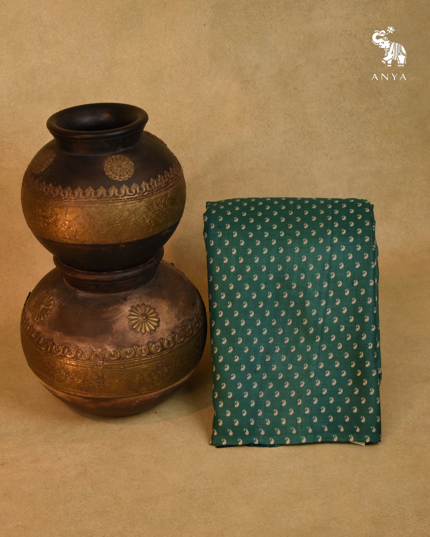 Green Tussar Silk Fabric with Small Mango Printed Design