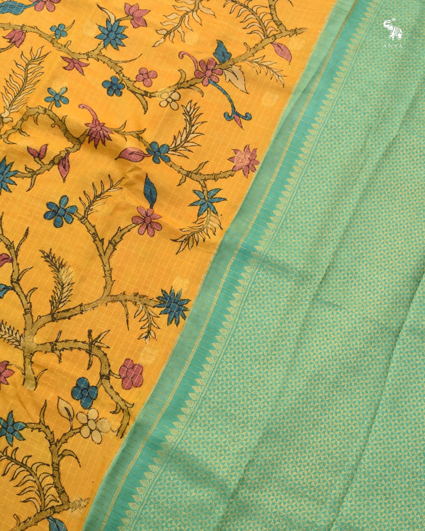 Mustard Pen Kalamkari Kanchi Silk Saree