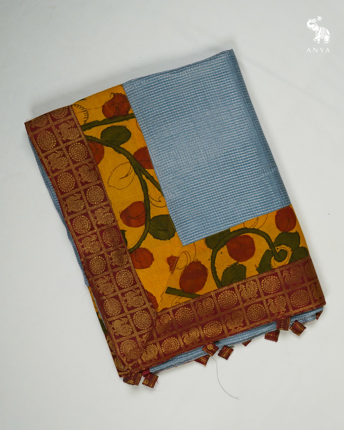 Blue Zari Checks Tussar Silk Saree with Mustard Pen Kalamkari Kanchi Border