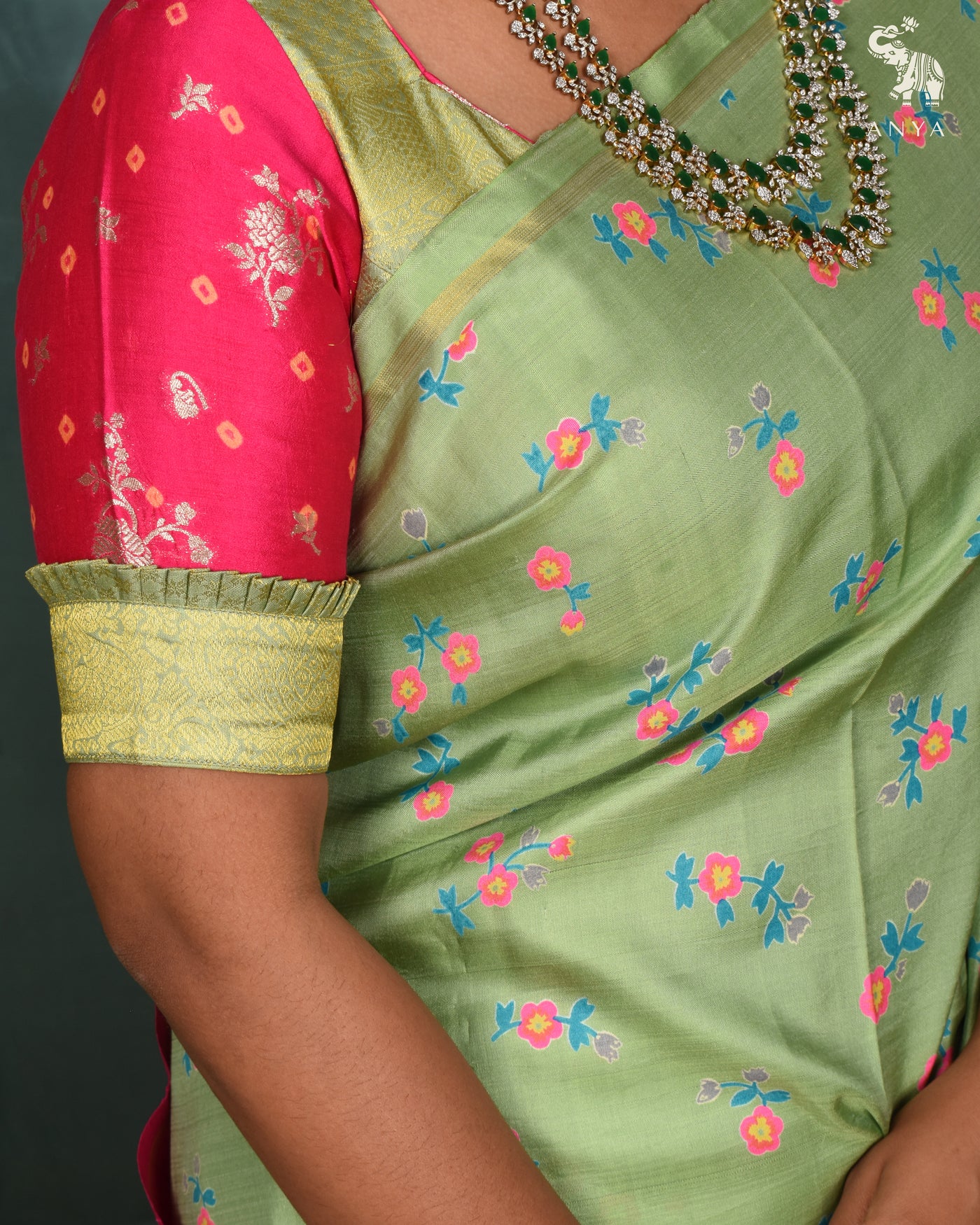 Apple Green Printed Kanchi Silk Saree with Floral Print Design
