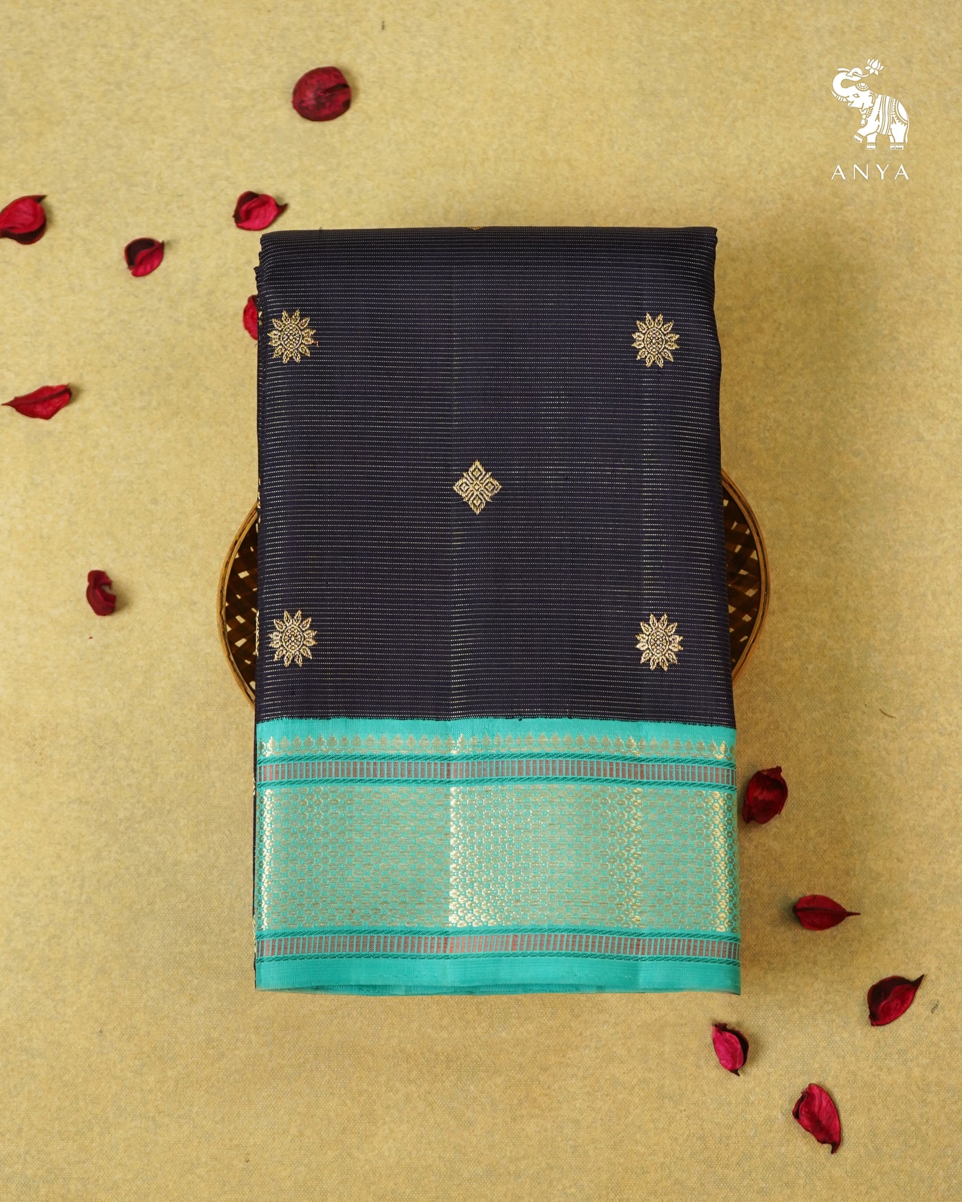 Navy Blue Kanchi Silk Saree with Vairaoosi Lines Design