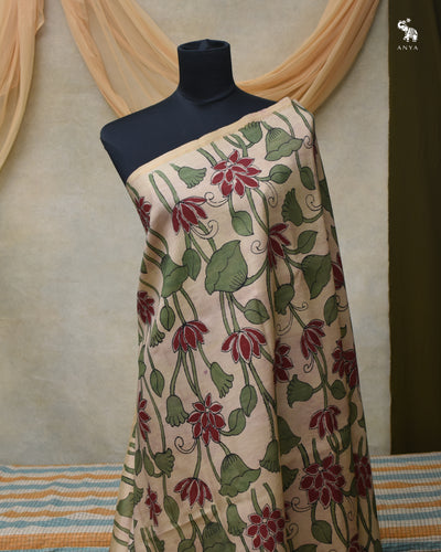 Off White Pen Kalamkari Kanchi Silk Fabric