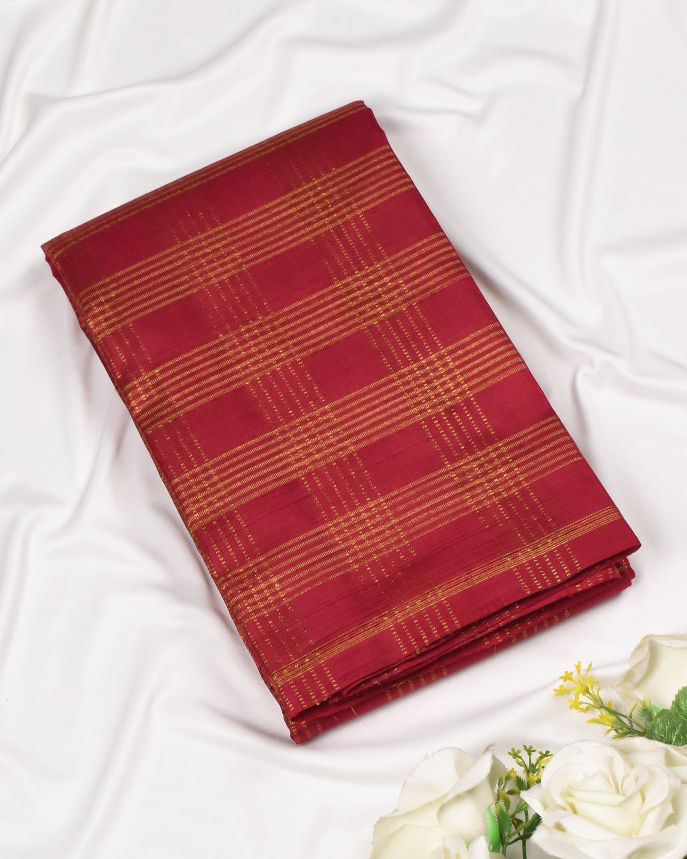 Arakku Thakkali Kanchi Silk Fabric with Zari Kattam Design