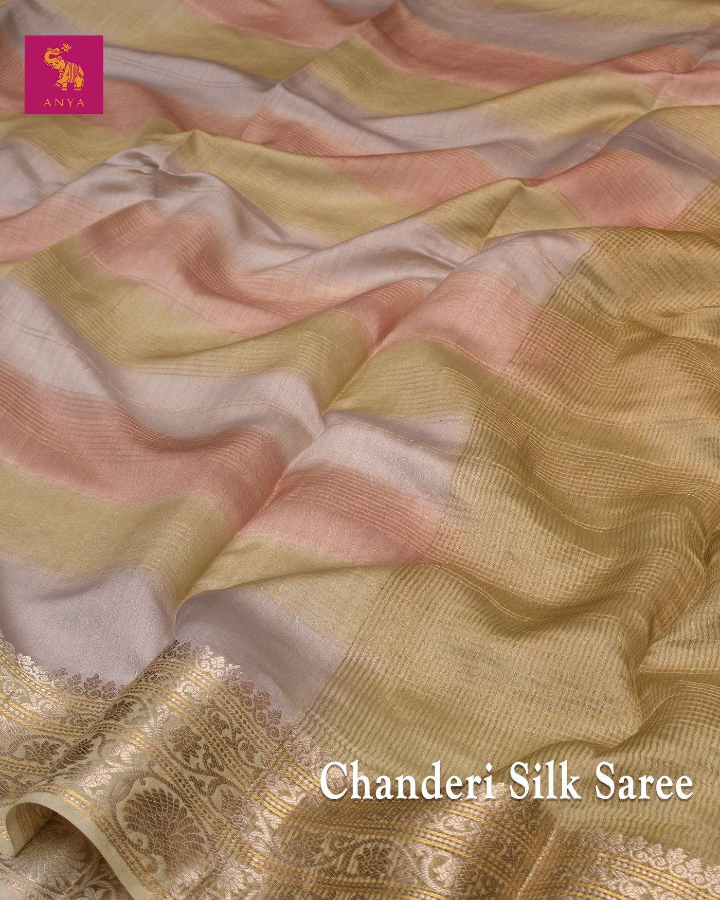 Apple Green Chanderi Silk Saree with Zari Stripes Design