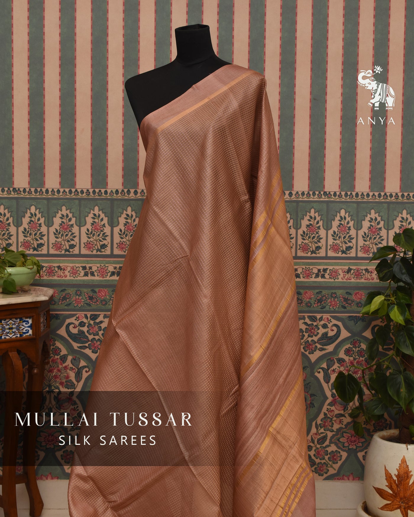 Onion Pink Tussar Silk Saree with Thread Checks Design