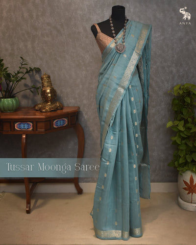 Light Blue Tussar Moonga Saree with Zari Butta Design