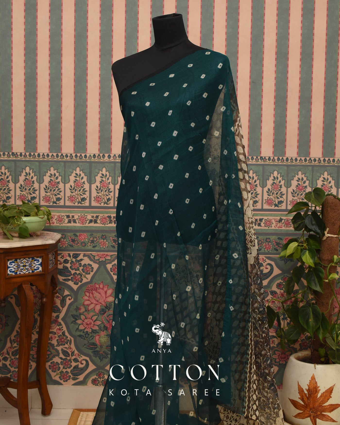 Bottle Green Cotton Kota Saree with Bhandhini Print Design
