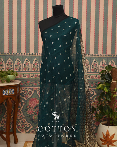 Bottle Green Cotton Kota Saree with Bhandhini Print Design