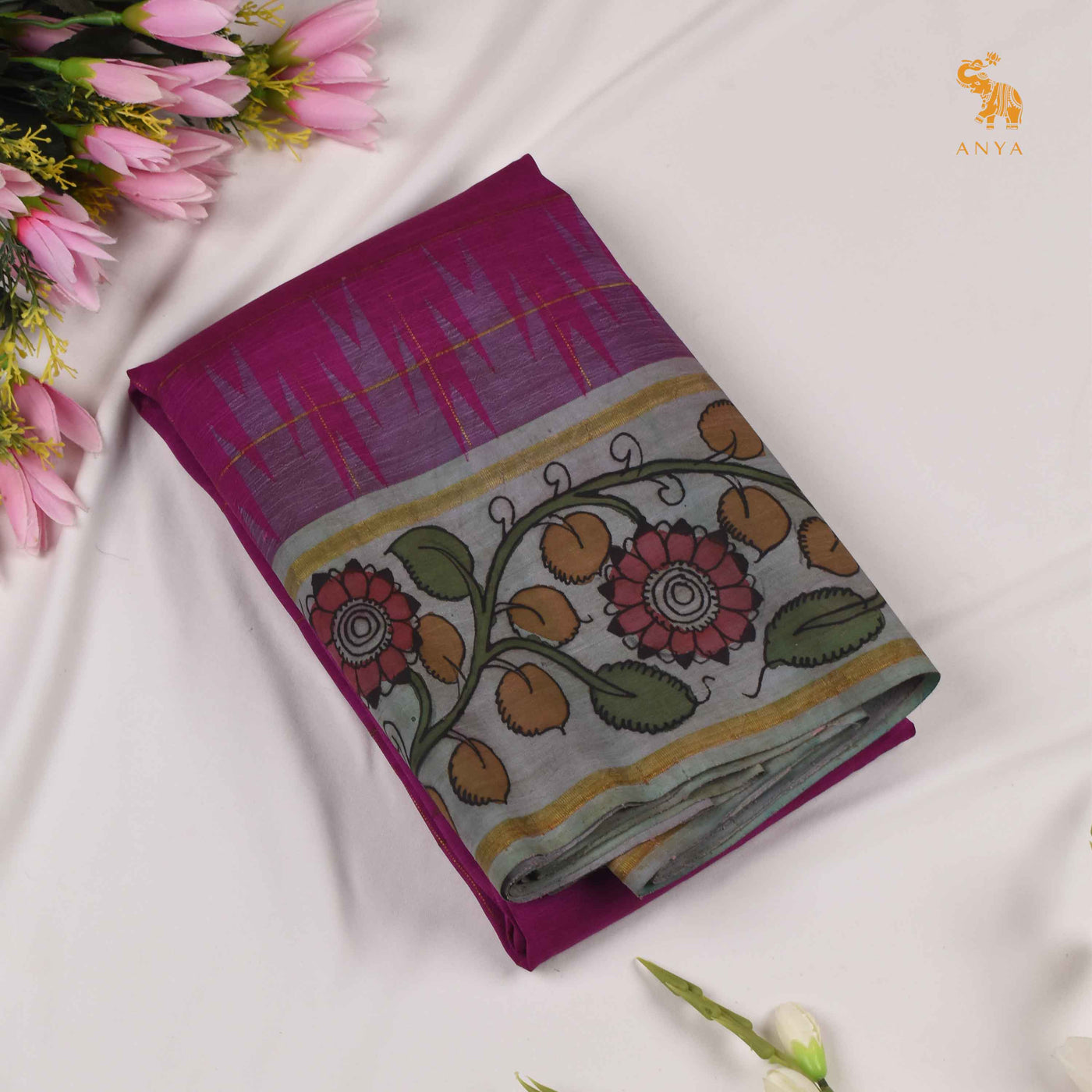 Magenta Pen Kalamkari Kanchi Silk Saree