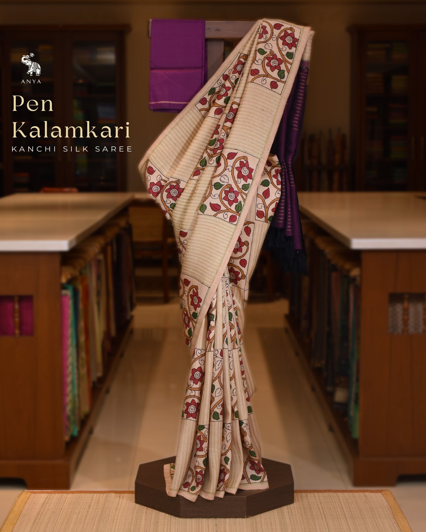 Off White Pen Kalamkari Kanchi Silk Saree