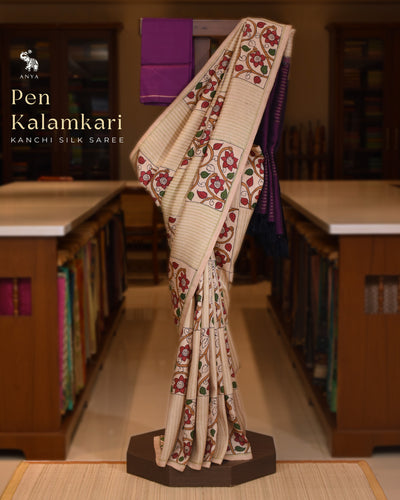 Off White Pen Kalamkari Kanchi Silk Saree