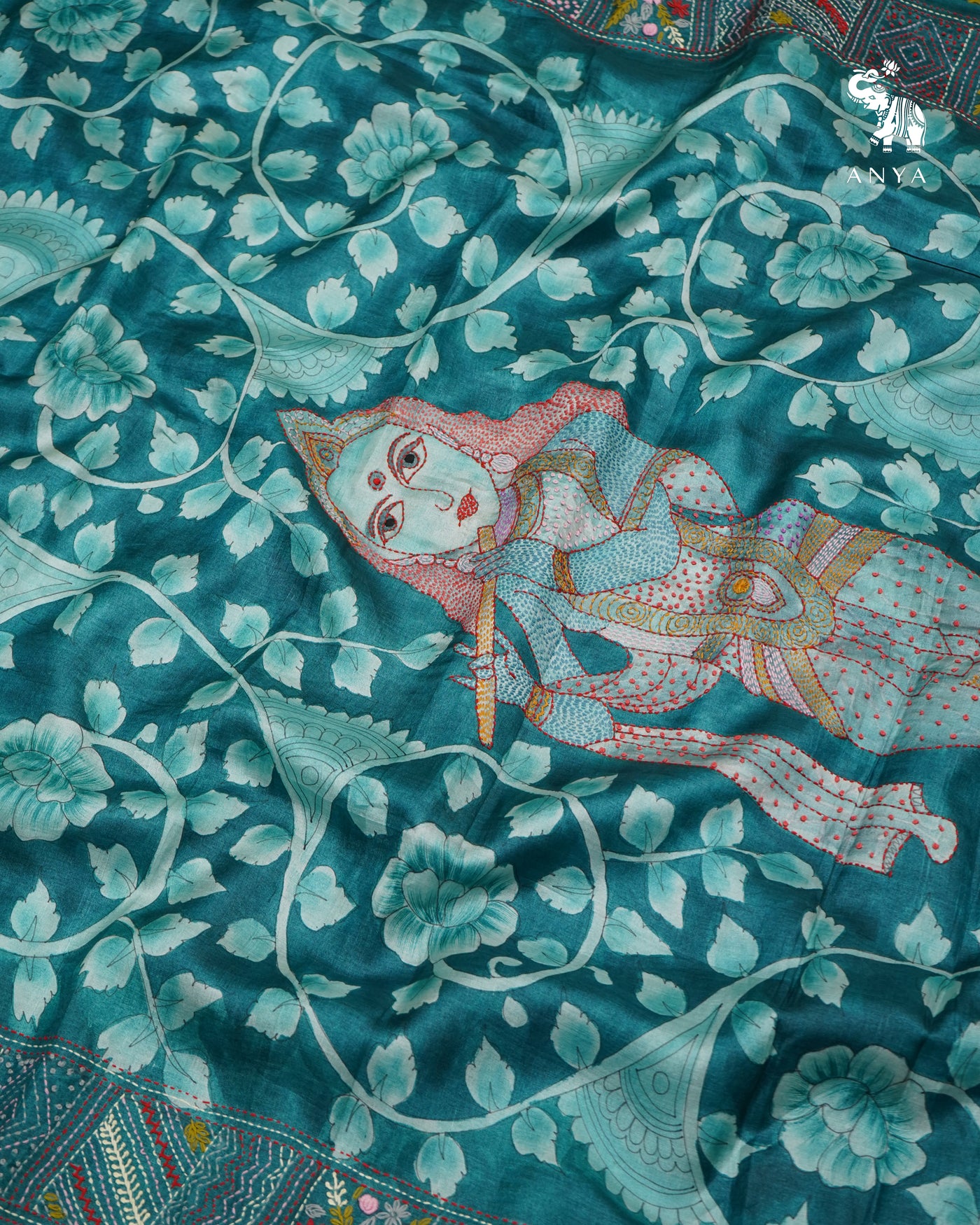 Peacock Blue Tussar Silk Saree with Floral Printed Design