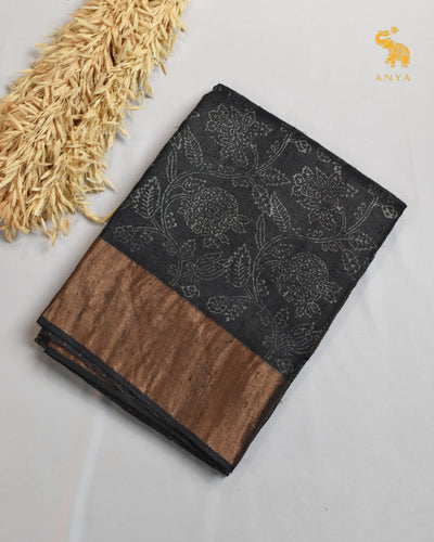 Black Tussar Silk Saree with Creeper Design