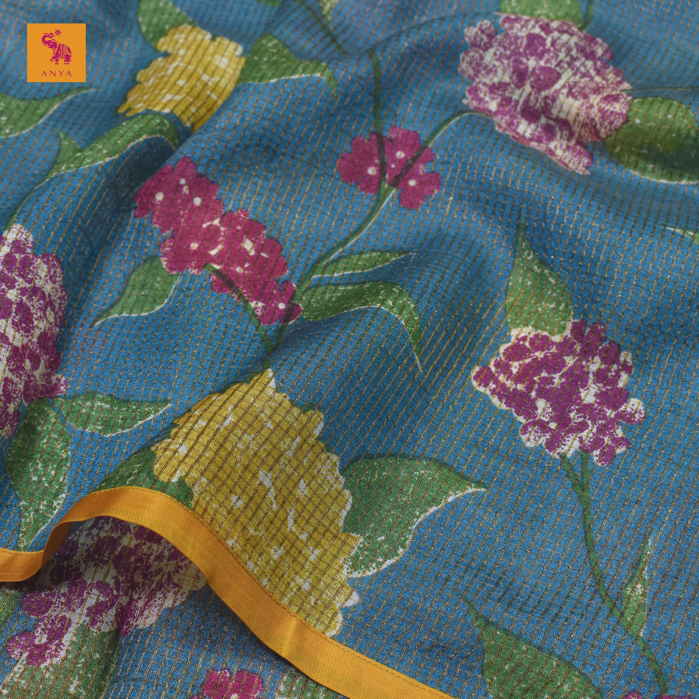 Blue Floral Print Zari Checks Tussar Silk Saree with Mustard Kanchi Silk Getti Self Pallu