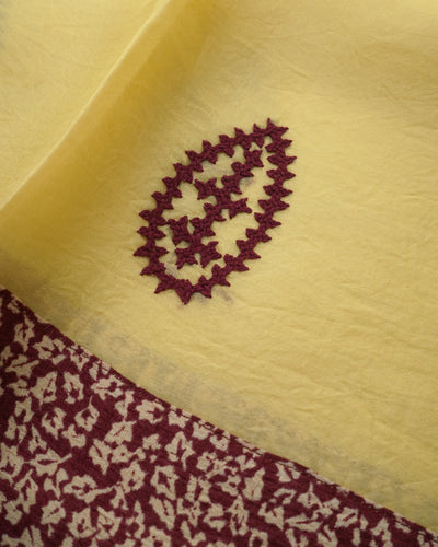 Light Yellow Organza Saree with Magenta Kutch Work Design