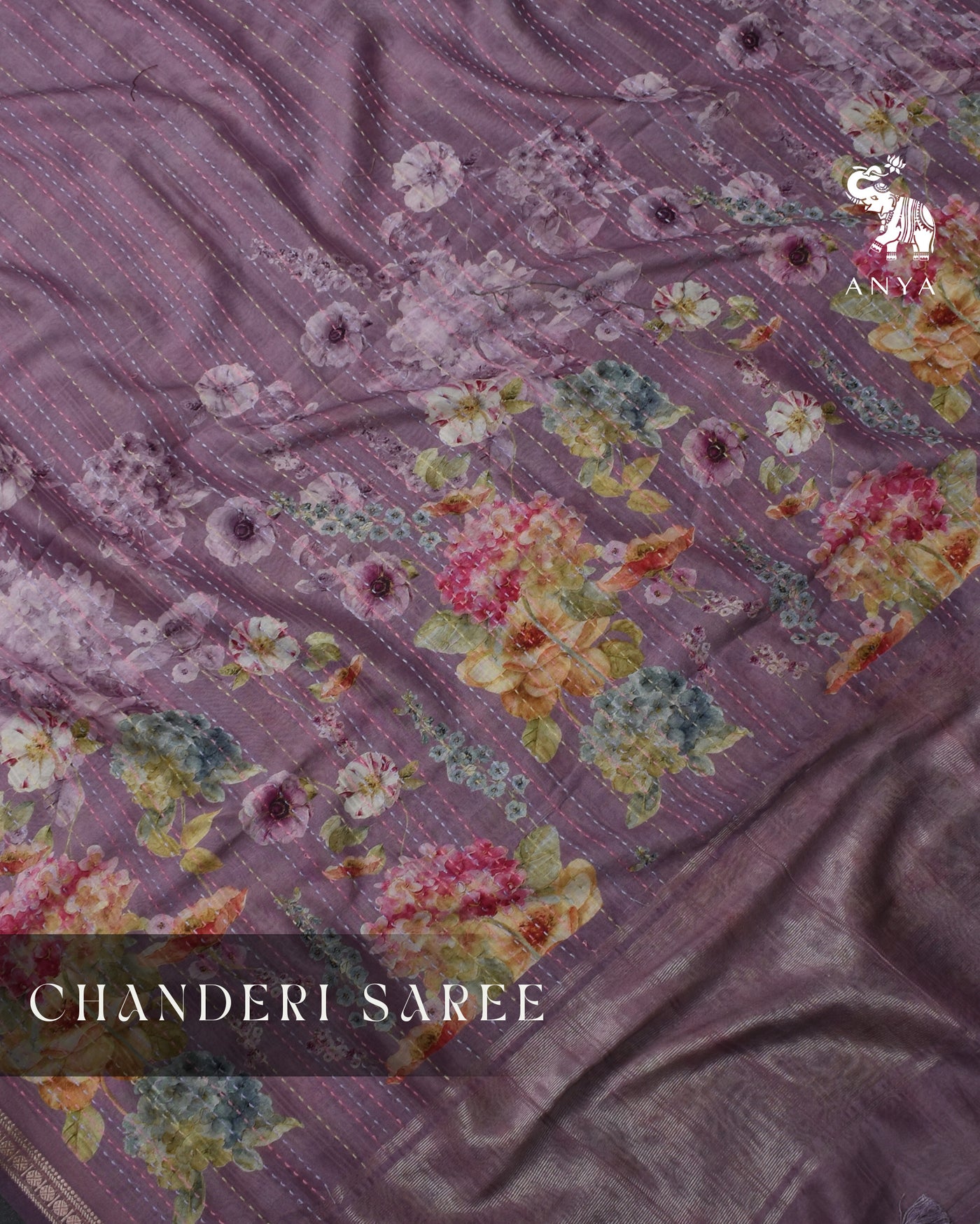 Lavender Chanderi Saree with Horizontal Thread Design
