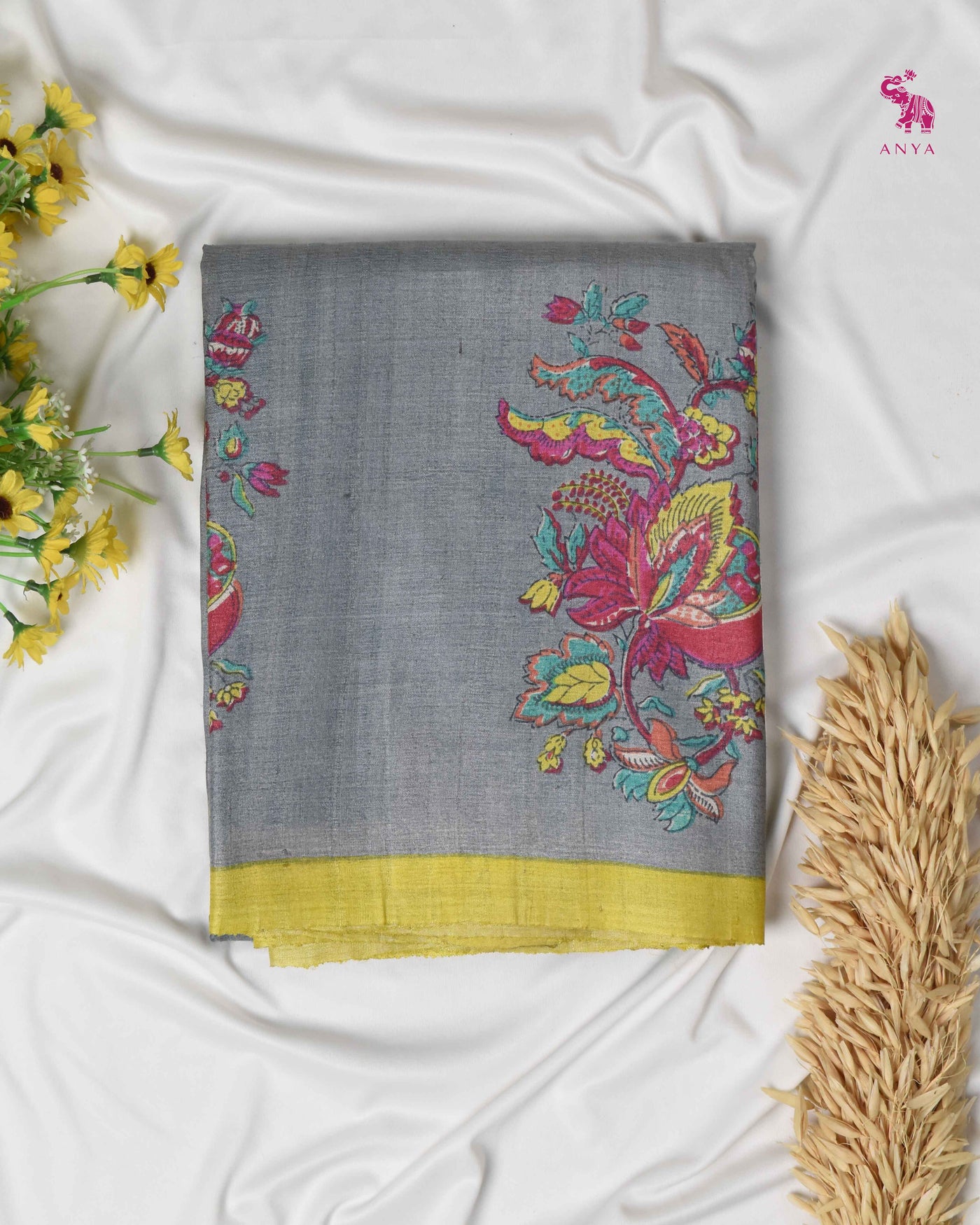 Grey Tussar Silk Saree with Floral Printed Design