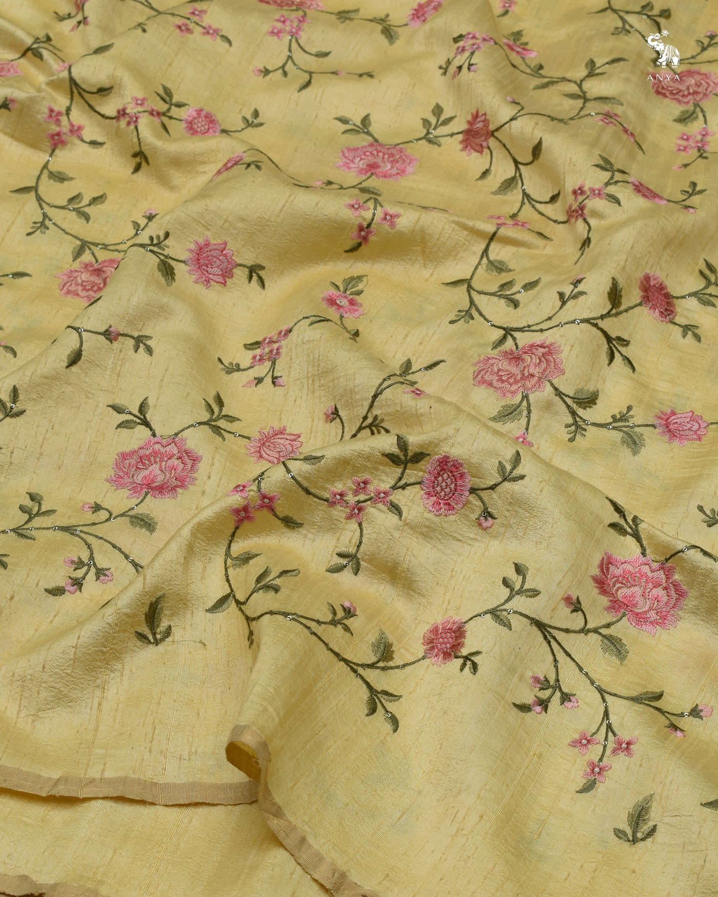 Yellow Tussar Raw Silk Fabric with Floral Creeper Embroidery Design