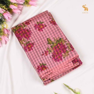 Pink Printed Kanchi Silk Saree with Checks and Floral Print Design