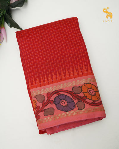 Arakku Thakkali Pen Kalamkari Kanchi Silk Saree