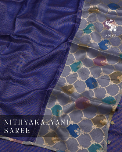 Ms Blue Zari Checks Tussar Silk Saree with Grey Organza Pallu and Blouse