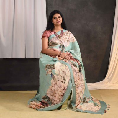 Light Green Chanderi Saree with Kantha Work Design
